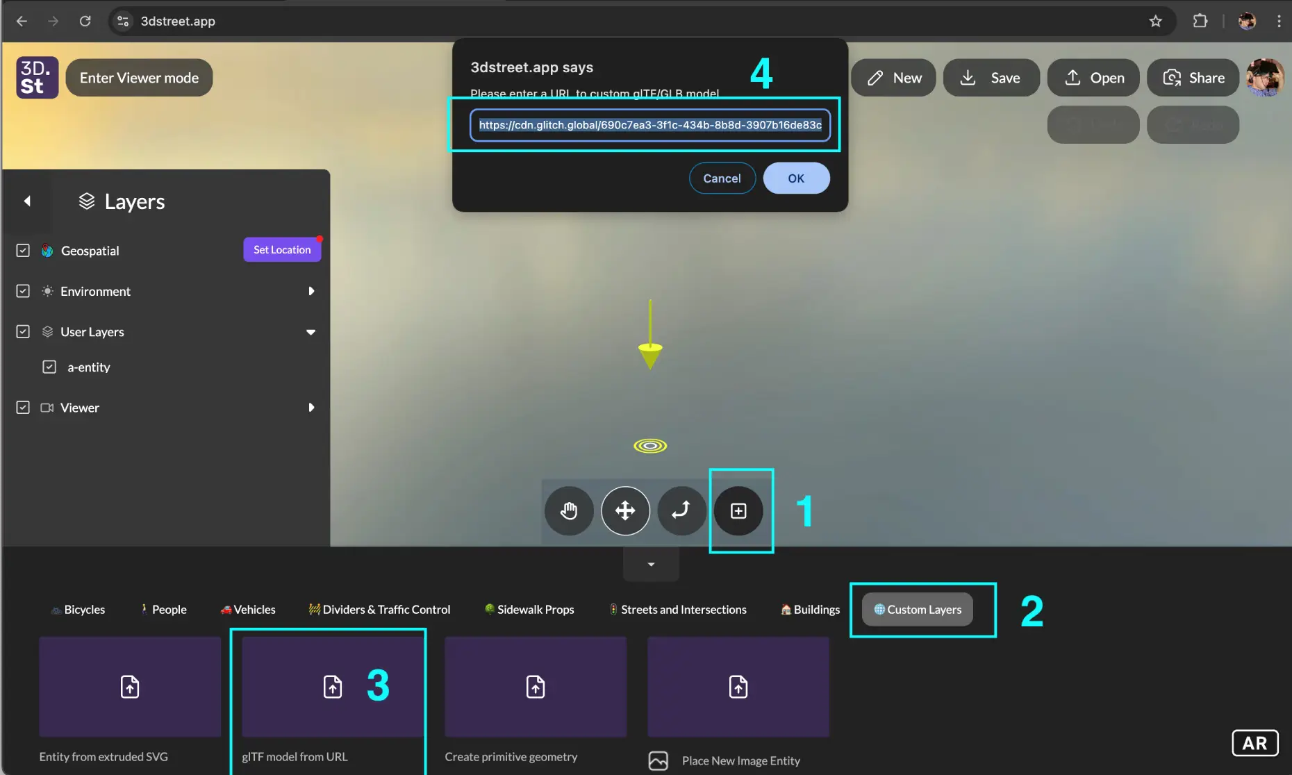 Screenshot showing the 3DStreet interface with the GLB import dialog