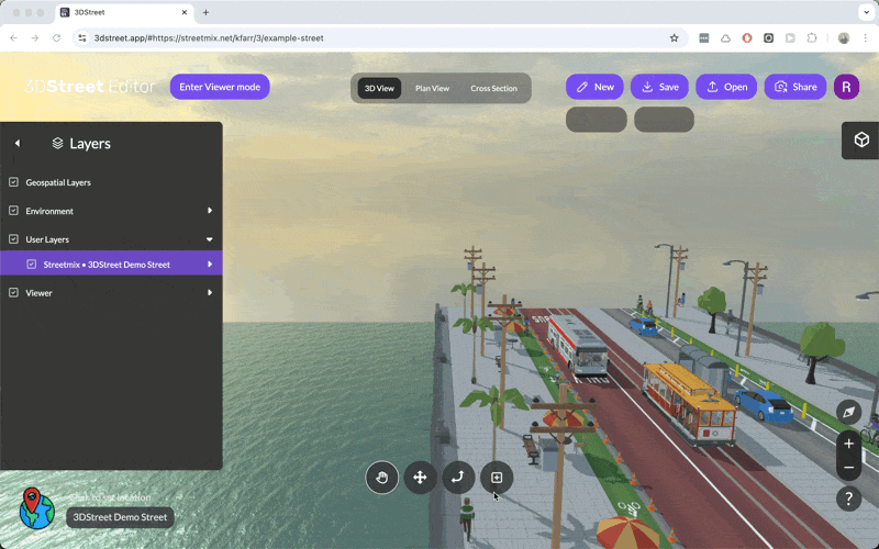 Animated gif of a user double clicking on an entity to fly the camera to that location using the 3DStreet Editor.