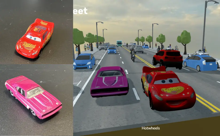 A split image showing a physical toy car on the left and its 3D model counterpart in a street scene on the right