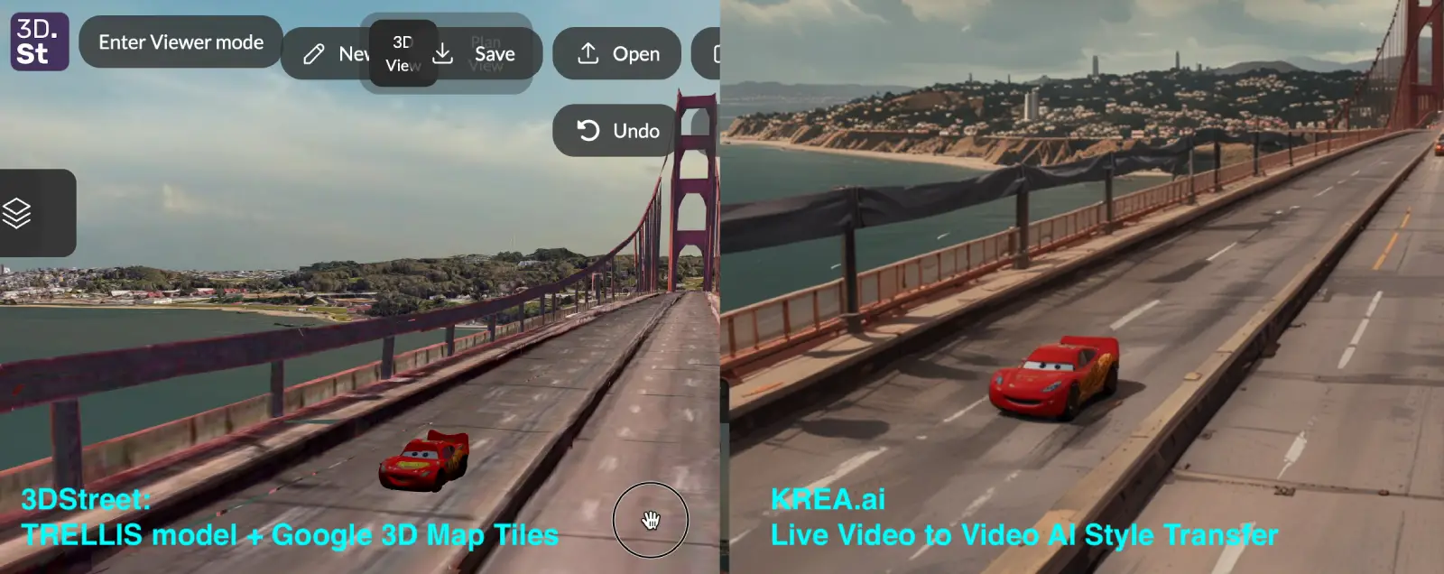 A split image showing side by side of using AI-generated 3D models from TRELLIS in a 3DStreet scene (left) with image style transfer from Krea.ai (right)