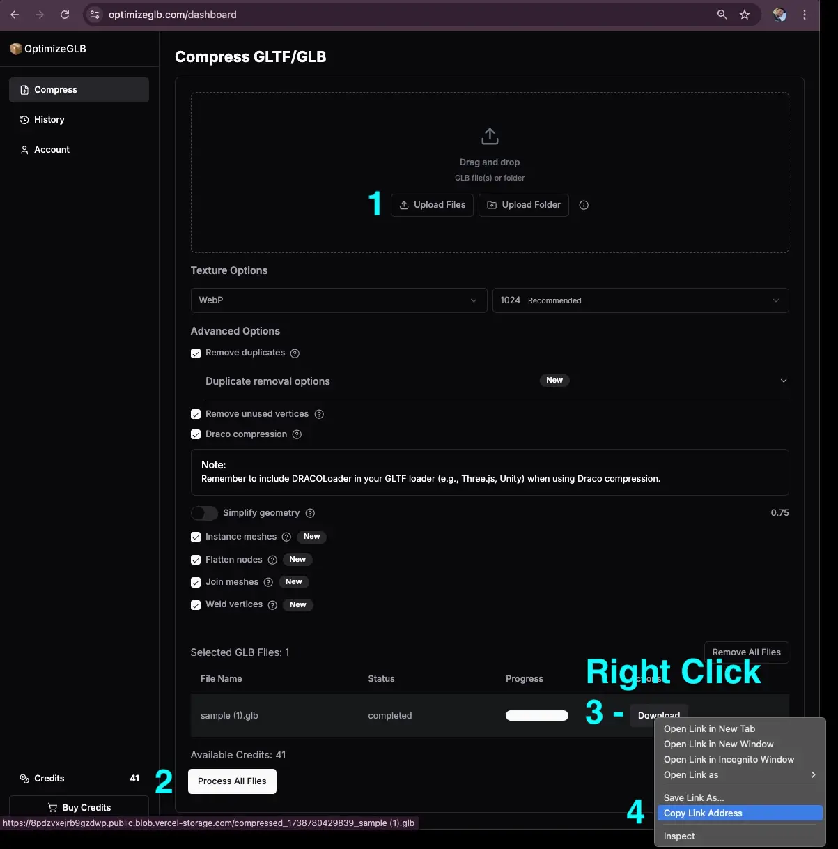 Screenshot of OptimizeGLB.com interface showing compression settings