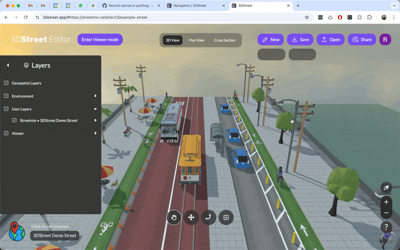 Animated gif of a user panning a street scene using the 3DStreet Editor.