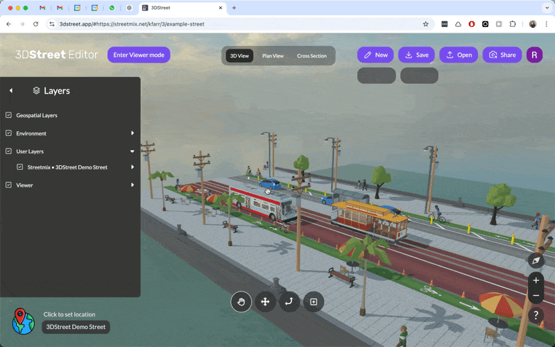 Animated gif of a user rotating a street scene using the 3DStreet Editor.