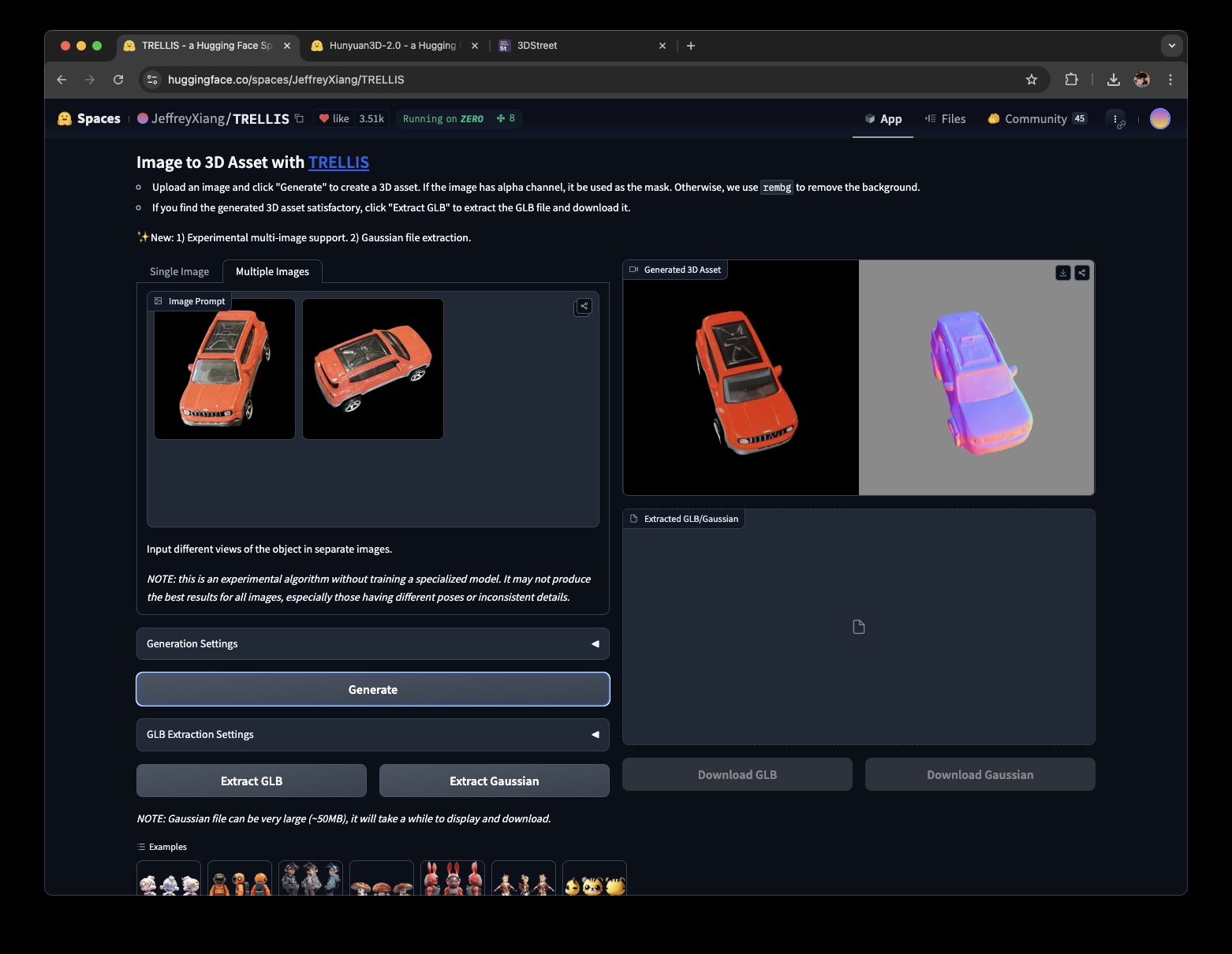 Screenshot of the TRELLIS interface showing the upload and generation process