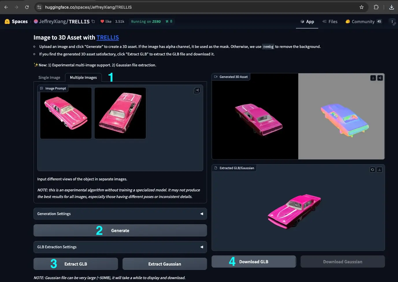 Example TRELLIS Hugging Face Spaces UI Steps for Conversion of Image to 3D Model