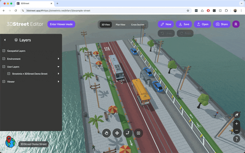 Animated gif of a user zooming in and out of a street scene using the 3DStreet Editor.